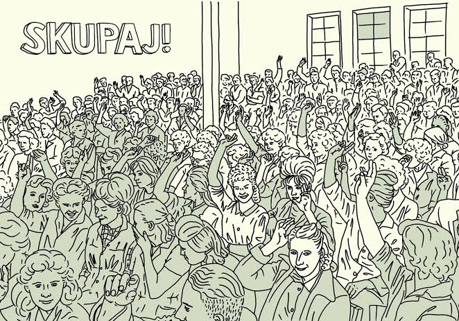 Illustration in black and white with a crowd of people