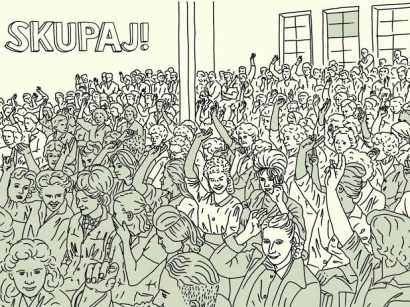 Illustration in black and white with a crowd of people